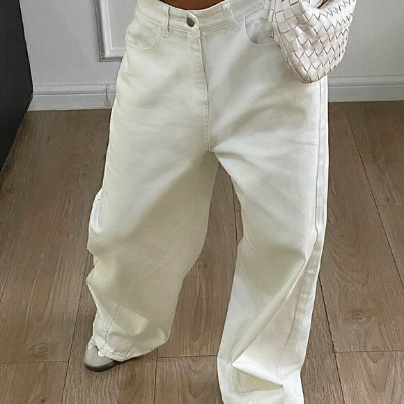 White Casual Women's Solid Color Loose Denim Pants - Picture 5 of 9